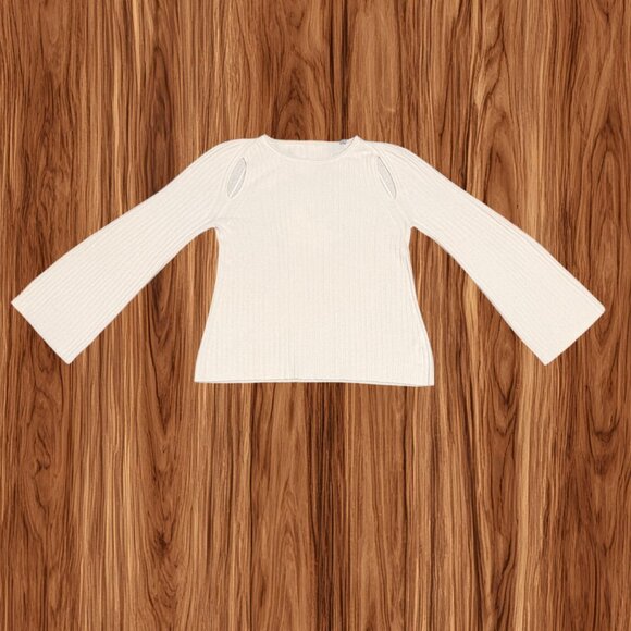 VINCE Women's Cashmere Cream Ribbed Shoulder Slit Belll Sleeve Sweater, Size M - Picture 2 of 8